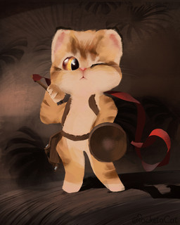 anthro backpack brown_body brown_fur cheek_tuft ear_markings facial_tuft fluffy fur fur_markings inner_ear_fluff looking_at_viewer male markings one_eye_closed orange_body orange_fur ribbons shield solo tuft warrior wink winking_at_viewer pocket_fluff pocketa_crumbs_(pocket_fluff) british_shorthair domestic_cat felid feline felis mammal 4:5 absurd_res hi_res