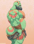 abstract_background alternate_species arm_wraps armor bald barazoku beard belly belt biceps big_butt big_muscles big_nipples big_pecs bottomwear bottomwear_down bubble_butt butt clothed clothing deltoids facial_hair facial_piercing green_body green_skin horn huge_butt huge_muscles huge_thighs humanoid_pointy_ears loincloth loincloth_down looking_at_viewer male musclegut muscular muscular_humanoid muscular_male nipple_piercing nipple_ring nipples nose_piercing nose_ring not_furry pecs piercing pink_background pouch_(clothing) ring_piercing scar side_view simple_background smile solo standing tassets tattoo teeth thick_thighs topless topless_humanoid topless_male triceps tusks unconvincing_armor vein wraps tylerstark god_of_war sony_corporation sony_interactive_entertainment kratos humanoid mammal orc 2022 absurd_res hi_res