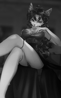 blurred_background clothed clothing crossed_legs dress female fully_clothed panties panty_shot sitting solo underwear lenxfox sly_cooper_(series) sony_corporation sony_interactive_entertainment sucker_punch_productions carmelita_fox canid canine fox humanoid mammal absurd_res hi_res monochrome