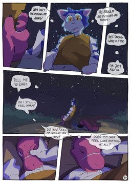 anthro biped bodily_fluids claws clothed clothing duo fur genitals hand_on_face male male/male oral oral_penetration paws penetration penis plant sex shrub star striped_body stripes tail text tongue martindosent lynn_(martindosent) the_wizard_(martindosent) domestic_cat felid feline felis lizard mammal reptile scalie absurd_res clip_studio_paint_(artwork) comic digital_media_(artwork) english_text hi_res