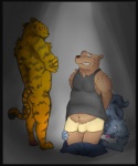 anthro assisted_exposure black_border border bottomwear bottomwear_down bulge clothed clothing crossed_arms embarrassed group kneeling male pants pants_down partially_clothed spotlight standing tongue tongue_out underwear worried boarball bear canid canine canis felid mammal pantherine tiger wolf digital_media_(artwork)