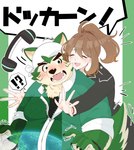 ?! anthro blush brown_hair duo electronics eyebrows female fur green_body green_fur hair headphones male ponytail thick_eyebrows nagu_mogmog05 lifewonders live_a_hero female_operator mokdai protagonist_(live_a_hero) canid canine canis domestic_dog human mammal hi_res