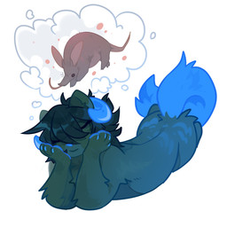 ambiguous_gender anthro arm_tuft black_hair blue_body blue_claws blue_fur blue_horn blue_pawpads butt_tuft claws eye_through_hair eyes_closed fur grey_body grey_fur hair hair_over_eye horn lying mouth_closed nude on_front one_eye_obstructed pawpads simple_background solo three-quarter_view translucent translucent_hair tuft unsigned white_background corzh77 species_request 1:1 absurd_res full-length_portrait hi_res portrait