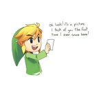 blonde_hair clothing dialogue hair humanoid_pointy_ears light_body light_skin male not_furry open_mouth open_smile simple_background smile solo text supsross nintendo the_legend_of_zelda wind_waker toon_link elf humanoid hylian english_text