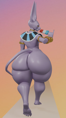 anthro armlet bedroom_eyes big_butt butt butt_focus food gesture gold_(metal) gold_jewelry gradient_background hairless huge_butt jewelry looking_at_viewer looking_back male mostly_nude narrowed_eyes neck_ring popsicle purple_body raised_finger raised_pinky seductive simple_background solo tail walking walking_away yellow_eyes oddo dragon_ball dragon_ball_super beerus domestic_cat felid feline felis hairless_cat mammal sphynx_(cat) 2026 9:16 absurd_res hi_res