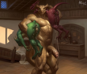 abs after_sex anal anthro anus balls bed biceps bodily_fluids bubble_butt butt carrying_another carrying_partner claws cum cum_in_ass cum_inside erection foreskin furniture genital_fluids genitals gold_scales group group_sex horn humanoid_genitalia humanoid_penis male male/male male_penetrated muscular muscular_anthro muscular_arms muscular_male muscular_thighs nude pecs penetration penis scales serratus sex smile tail thick_thighs threesome triceps trio wide_hips aduran dungeons_and_dragons hasbro wizards_of_the_coast karthanax dragonborn_(dnd) kobold reptile scalie hi_res
