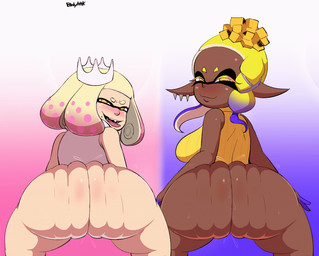 anus big_butt blonde_hair blue_background blush bottomless bouncing_breasts bouncing_butt breasts butt clothed clothing crown dark_body dark_skin duo ear_piercing eyelashes female genitals hair headgear huge_butt humanoid_pointy_ears looking_at_viewer looking_back looking_back_at_viewer markings mole_(marking) mole_under_mouth multicolored_hair narrowed_eyes open_mouth open_smile piercing pink_anus pink_background pink_hair pointy_ears pseudo_hair purple_anus rear_view short_hair simple_background smile tan_body tan_hair tan_skin tentacle_hair tentacles thick_thighs tongue tongue_out topwear twerking two_tone_hair vulva white_background white_clothing white_topwear wide_hips yellow_clothing yellow_eyes yellow_topwear bodyattk nintendo splatoon frye_(splatoon) pearl_(splatoon) animal_humanoid cephalopod cephalopod_humanoid humanoid inkling marine marine_humanoid mollusk mollusk_humanoid squid_humanoid animated