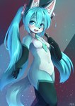 2019 accessory alternate_species anthro black_body black_fur blue_body blue_eyes blue_fur blush breasts canid canine cute_fangs daww electronics featureless_breasts featureless_crotch female fox fur fur_markings furrification hair hair_accessory hair_ribbon hatsune_miku hi_res holding_object japanese_idol kemono long_hair looking_at_viewer mammal markings microphone necktie open_mouth pigtails ribbons shiitakemeshi shirt_collar solo vocaloid white_body white_fur