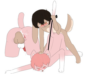 anal anal_penetration anthro ass_up blush bodily_fluids brown_body brown_fur brown_hair cum cum_inside duo fur genital_fluids genitals hair leash leash_pull male male/male multicolored_body multicolored_fur penetration penile_spines penis pink_body pink_fur pink_hair prostate prostate_stimulation pushing_down sex tongue tongue_out brownbnnuy5 domestic_cat felid feline felis lagomorph leporid mammal rabbit hi_res