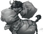 belly big_belly holding_belly huge_belly hyper hyper_belly male male_pred muscular solo struggling struggling_prey unseen_prey vore nintendo the_legend_of_zelda equid equid_taur lynel mammal mammal_taur taur absurd_res hi_res huge_filesize monochrome