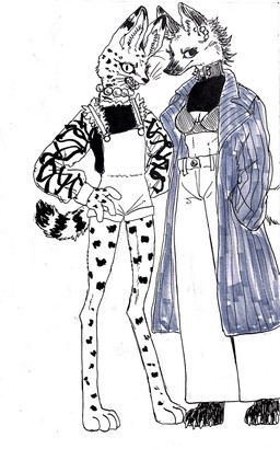 anthro barefoot belt biped bottomwear bra bracelet breasts cheek_tuft claws clothed clothing coat collar crop_top denim denim_bottomwear denim_clothing digitigrade dipstick_ears dipstick_tail duo ear_markings ear_piercing ear_ring ear_tuft facial_tuft feet female fingers fur hair hand_in_pocket hand_on_hip inner_ear_fluff jacket jewelry looking_at_viewer markings midriff multicolored_ears necklace pants paws piercing pockets ring_piercing shirt shorts simple_background smile snout spiked_collar spikes spots spotted_body spotted_fur spotted_markings standing striped_body striped_fur striped_markings striped_tail stripes sweater tail tail_markings toes topwear tuft turtleneck underwear whiskers white_background kyokyota canid canine felid feline mammal maned_wolf serval 2017 5:8 hi_res monochrome portrait traditional_media_(artwork)