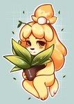 abstract_background accessory anthro blonde_hair blush blush_stickers female fur hair hair_accessory holding_object holding_planet looking_at_viewer mostly_nude nude plant plant_pot potted_plant smile solo yellow_body yellow_fur bebetka animal_crossing nintendo isabelle_(animal_crossing) canid canine canis domestic_dog mammal digital_drawing_(artwork) digital_media_(artwork) hi_res