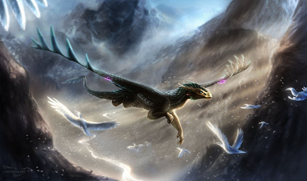 ambiguous_gender blue_eyes detailed_background feral flying green_body green_scales group scales spines tail hydlunn european_mythology mythology avian bird dragon mythological_creature mythological_scalie scalie western_dragon 2018 digital_media_(artwork) source_request unavailable_at_source