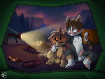 anthro balls blush briefs brown_body camping caught clothing erection flashlight genitals hair humanoid_genitalia humanoid_penis male male/male nude outside penis plant public tail tent tree underwear nutty_bo bo_(nutty_bo) mammal rodent sciurid tree_squirrel hi_res