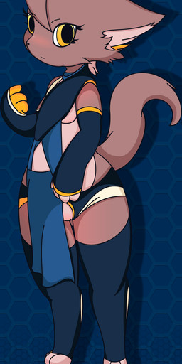 anthro armwear barely_visible_genitalia barely_visible_vulva biped black_nose blue_clothing blue_panties blue_underwear blush breasts bridal_gauntlets brown_body brown_fur clitoris clothing clothing_aside digitigrade female flat_chested front_view fur genitals gloves handwear hexagon legwear looking_at_viewer looking_back machine mascot nervous panties panties_aside pattern_background presenting presenting_vulva raised_tail shortstack shortstack_female simple_background smile solo standing stockings tail thick_thighs thigh_highs underwear underwear_aside vector vulva white_body white_fur yellow_eyes kur0sagi_(artist) e621 esix android canid canine fox mammal robot 2018 absurd_res hi_res