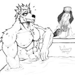 abs anthro barazoku bath bathing bathroom bathtub beard bearded biceps body_hair chest_hair duo facial_hair fangs front_view growth hair male mohawk muscle_growth muscular pecs side_view teeth toned_muscles water wet kemonohenry canid canine canis domestic_dog husky mammal nordic_sled_dog spitz wolf 1:1 hi_res line_art monochrome sketch