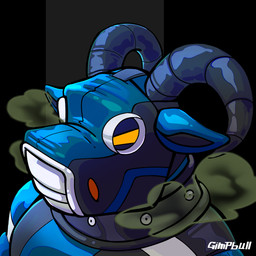 anthro aphrodisiac_gas athletic athletic_male blue_latex gas gas_mask hazmat_suit latex male mask orange_eyes solo gimpbull mori_ryker bovid caprine goat mammal headshot_portrait hi_res portrait
