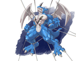 abs anthro bared_teeth big_muscles big_pecs biped blue_body bodily_fluids bound claws fist head_markings horn male markings muscular muscular_anthro muscular_arms muscular_male muscular_thighs pecs restraints scratches sharp_teeth simple_background solo sweat tail teeth white_background wings wraps sh1ron2 bandai_namco digimon mythology digimon_(species) dragon exveemon mythological_creature mythological_scalie scalie 2026 digital_drawing_(artwork) digital_media_(artwork) hi_res