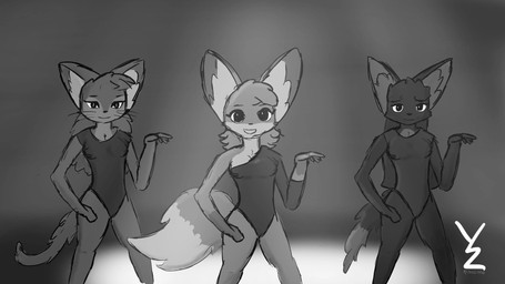 anthro dancing female tail yanzihko canid canine fox mammal 16:9 absurd_res hi_res monochrome sketch traditional_media_(artwork) widescreen
