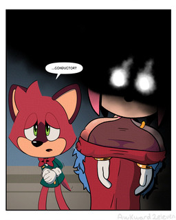 ambiguous_gender anthro areola areola_slip big_breasts bow_tie breasts clothing darkness dialogue dress erect_nipples female glowing glowing_eyes huge_breasts inside nipple_outline nipples pink_body question red_body speech_bubble awkward2eleven sega sonic_the_hedgehog_(series) the_murder_of_sonic_the_hedgehog amy_rose eulipotyphlan hedgehog macropod mammal marsupial quokka absurd_res comic hi_res
