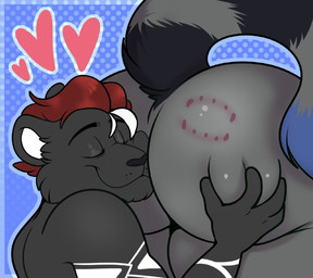 4_fingers anthro arm_tattoo big_butt bite_mark bite_mark_on_butt black_body black_fur butt butt_grab duo fingers fur hair hand_on_butt heart_symbol holding_butt hug hugging_another hugging_butt male male/male melanistic red_hair short_hair tattoo thick_thighs wide_hips ractoons rivets_(rivetstheblue) zephyr_(rivetstheblue) felid leopard mammal pantherine procyonid raccoon 2025 colored digital_drawing_(artwork) digital_media_(artwork) english_description shaded