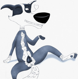 animal_genitalia animal_vulva anus blinking canine_genitalia canine_vulva clothing female feral genitals jumpsuit looking_at_another smile smiling_at_another solo torn_clothing vulva udbebu space_dogs strelka canid canine mammal absurd_res hi_res monochrome