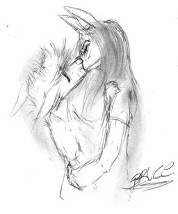 anthro duo female feral hair kissing long_hair male male/female romantic romantic_couple unknown_artist flick_(josycid) wolf_kotto canid canine canis felid feline haplorhine mammal monkey primate wolf monochrome signature sketch