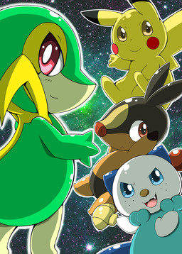 ambiguous_gender biped blue_eyes brown_body brown_eyes cosmic_background fangs feral fur green_body green_fur group looking_at_another looking_at_viewer multicolored_body open_mouth orange_body quadruped red_eyes smile space space_background teeth tongue two_tone_body white_body white_fur yellow_body yellow_eyes yellow_fur tokemaru nintendo pokemon generation_1_pokemon generation_5_pokemon oshawott pikachu pokemon_(species) snivy tepig 2015 digital_media_(artwork) hi_res