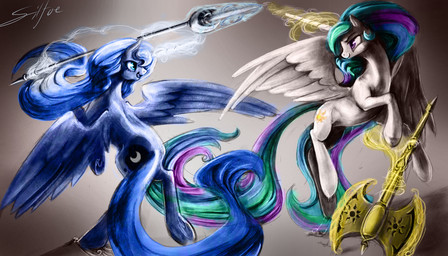 axe blue_body blue_eyes blue_feathers blue_fur blue_hair cutie_mark double_bitted_axe duo feathered_wings feathers female feral fur glowing hair horn horse_tail magic_user melee_weapon multicolored_hair multicolored_tail open_mouth polearm purple_eyes smile spear tail weapon white_body white_feathers white_fur wings silfoe friendship_is_magic hasbro my_little_pony mythology princess_celestia_(mlp) princess_luna_(mlp) equid equine mammal mythological_creature mythological_equine winged_unicorn 7:4 absurd_res hi_res signature
