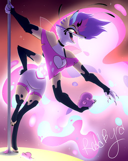4_arms anthro bottomwear candy clothing cotton_candy dessert female fingers fire food fur multi_arm multi_limb pole purple_body purple_fur sharp_teeth shorts solo teeth wings reddbyrd hellaverse helluva_boss queen_bee-lzebub_(helluva_boss) arthropod canid canine demon fox hybrid insect mammal 2023 digital_media_(artwork) hi_res signature