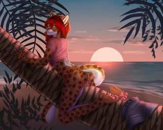 5_fingers andromorph anthro arched_back backlighting bangs beach bottomwear brown_body brown_fur butt claws clitoris clitoris_piercing clothing cloud countershading crop_top crotchless_clothing crotchless_panties crotchless_underwear detailed_background digitigrade ear_piercing ear_ring fangs fingers fur genital_piercing genitals hair in_tree inner_ear_fluff intersex leaf light long_tail looking_at_viewer markings multicolored_body multicolored_fur nude orange_eyes palm_tree panties pawpads paws piercing pink_nose plant red_hair ring_piercing sabertooth_(anatomy) sea seaside shirt shorts side_view snout solo spots spotted_body spotted_fur straddling sun sunset tail teeth topwear tree tuft underwear vulva vulva_piercing water white_body white_claws white_fur esterr_(artist) ashnu felid mammal prehistoric_species saber-toothed_tiger 5:4 lighting andromorph_(lore)