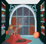 ambiguous_gender bedding blanket brown_body brown_fur brown_hair clothed clothing container cup deviantart_logo duo eyes_closed female feral fur hair holding_container holding_cup holding_mug holding_object inside lying mouth_closed mug narrowed_eyes on_front pillow red_eyes sitting sleeping tan_body tan_skin window milk-jug deviantart canid human mammal watermark