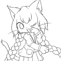 anthro bottomwear braided_hair clothed clothing female fully_clothed fur furgonomics hair jacket long_hair one_eye_closed open_mouth paws pigtails simple_background skirt solo tail tail_through_skirt topwear twin_braids whiskers white_background bunnag cat_busters neko_hakase domestic_cat felid feline felis mammal 1:1 digital_media_(artwork) line_art monochrome
