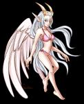 5_fingers 5_toes bare_shoulders barefoot breasts clothing feathered_wings feathers feet female fingers hair long_hair looking_at_viewer midriff navel not_furry orange_eyes simple_background smile solo toes white_body white_feathers white_hair white_skin wings moenkin angel angel_humanoid elf humanoid hybrid mammal winged_humanoid alpha_channel digital_media_(artwork)