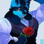 anthro bedroom_eyes black_body black_fur blue_body blue_fur clothing eye_scar facial_scar flower fluffy fur green_eyes holding_flower holding_object holding_rose looking_aside looking_at_viewer male muscular muscular_male narrowed_eyes one_eye_closed open_mouth plant raised_arm rose_(flower) scar seductive simple_background smile solo suit wink winking_at_viewer hellcat_(artist) nintendo pokemon nagisalucario generation_4_pokemon lucario pokemon_(species) 1:1 absurd_res hi_res