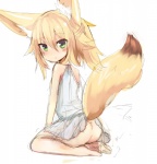 blonde_hair butt clothing dress female fox_tail green_eyes hair halterneck looking_at_viewer simple_background solo white_background konozawa kokonoe_tsubaki animal_humanoid canid canid_humanoid canine canine_humanoid fox fox_humanoid humanoid mammal mammal_humanoid digital_media_(artwork) hi_res shaded sketch