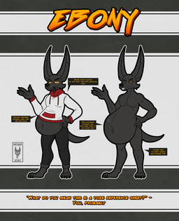 anthro belly big_belly claws clenched_teeth clothed clothing dialogue fangs fur half-closed_eyes hand_on_hip looking_at_viewer male narrowed_eyes navel nude nude_anthro nude_male overweight overweight_anthro overweight_male slightly_chubby slightly_chubby_anthro slightly_chubby_male soft_vore solo standing tail teeth text tongue tongue_out vore awoogasm ebony_(awoogasm) anubian_jackal canid canine canis jackal mammal 2020 full-length_portrait hi_res model_sheet portrait signature