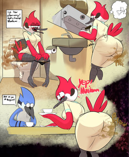 anthro apron big_butt blue_body blue_feathers brown_fart_cloud butt clothing dialogue fart fart_cloud feathers female female_focus male pooping red_body red_feathers sitting sitting_on_toilet text toilet toilet_use waiter lewdpunch cartoon_network regular_show margaret_smith_(regular_show) mordecai_(regular_show) avian bird cardinal_(bird) corvid jay_(bird) new_world_jay oscine passerine 2025 english_text hi_res