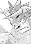 anthro black_sclera horn male sharp_teeth solo teeth im7yx bandai_namco digimon digimon_ghost_game mythology digimon_(species) dragon mythological_creature mythological_scalie regulusmon scalie hi_res monochrome sketch