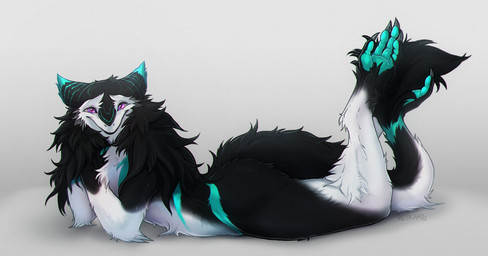 ambiguous_gender anthro black_body black_fur blue_body blue_fur fur legs_up looking_at_viewer lying on_front purple_sclera side_view simple_background solo tail reskaro sand_(sand0x) sergal hi_res