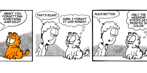 all_fours anthro black_text breaking_the_fourth_wall derp_eyes dialogue duo frown fur grumpy hair humor joke looking_at_viewer male monday mouth_closed open_mouth orange_body orange_fur pink_nose short_hair smile speech_bubble text thought_bubble white_speech_bubble white_thought_bubble videosyncrasy garfield_(series) garfield_the_cat jon_arbuckle domestic_cat felid feline felis human mammal 2024 colored_sketch comic digital_drawing_(artwork) digital_media_(artwork) english_description english_text hi_res monochrome partially_colored sketch