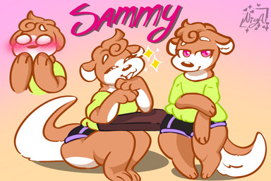anthro blush clothing femboy male male/male shy size_difference smaller_male smile solo text createdbyniya sammy_(createdbyniya) mammal mustelid otter 2026 3:2 character_name digital_media_(artwork) hi_res model_sheet