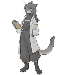 anthro black_clothing black_hair black_jumpsuit boots clipboard clothing coat female footwear fur grey_body grey_fur hair hand_in_pocket holding_clipboard holding_object jumpsuit lab_coat long_hair looking_at_object pockets pupils purple_eyes shoes slit_pupils solo standing sweater tail topwear turtleneck uniform whiskers white_clothing white_coat white_topwear tateoftot lulinya_(tateoftot) alien felid mammal full-length_portrait hi_res portrait