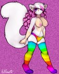 anthro big_breasts biped bottomwear breasts clothed clothing curled_hair drill_curls female fluffy fluffy_tail fur hair legwear looking_at_viewer multicolored_bottomwear multicolored_clothing multicolored_legwear multicolored_panties multicolored_underwear nipples panties pattern_bottomwear pattern_clothing pattern_legwear pattern_panties pattern_underwear pink_background pink_hair purple_eyes rainbow rainbow_bottomwear rainbow_clothing rainbow_legwear rainbow_panties rainbow_underwear simple_background skimpy solo standing striped_bottomwear striped_clothing striped_legwear striped_panties striped_underwear stripes tail textured_background thigh_highs topless underwear white_body white_fur nut-case domestic_cat felid feline felis mammal 4:5