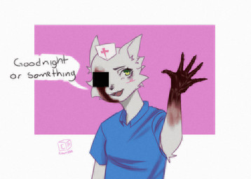 5_fingers anthro blue_clothing clothing female fingers fur gesture goodnight gore hat headgear headwear missing missing_eye nurse nurse_clothing nurse_hat nurse_headwear nurse_uniform smile smiling_at_viewer solo uniform waving waving_at_viewer waving_hand white_body white_fur camotinhio misha_the_nurse domestic_cat felid feline felis mammal