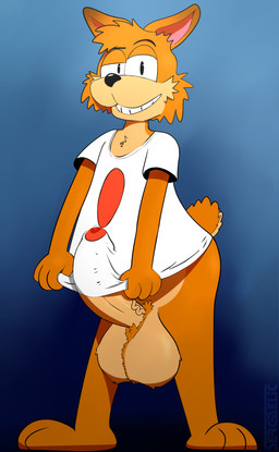 anthro balls big_penis bodily_fluids bottomless clothed clothing erection erection_under_clothing fur genital_fluids genitals hair humanoid_genitalia humanoid_penis looking_at_viewer male penis penis_under_shirt precum shirt simple_background solo t-shirt teeth topwear sergaelic bubsy_(series) bubsy_bobcat bobcat felid feline lynx mammal 2017 absurd_res digital_media_(artwork) hi_res