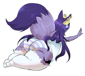 action_pose anthro big_butt biped black_sclera bottom_heavy bottomwear butt clothed clothing countershading crown dipstick_tail eyebrows female fluffy fluffy_tail fur grey_body grey_fur hair headgear huge_butt jumping legwear long_hair markings multicolored_body panties pattern_bottomwear pattern_clothing pattern_panties pattern_underwear pose purple_hair purple_markings shirt short_hair short_stack simple_background solo stockings striped_bottomwear striped_clothing striped_panties striped_underwear stripes tail tail_markings thick_thighs thigh_highs tiara topwear two_tone_body underwear white_body white_clothing white_countershading white_legwear white_shirt white_stockings white_topwear young young_anthro young_female ecchitrail alexandria_(ecchitrail) canid canine fox mammal 2025 hi_res