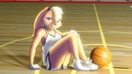 anthro ball basketball_(ball) basketball_court basketball_uniform blonde_hair buckteeth clothing female fur gloves hair handwear looking_at_viewer scut_tail short_tail solo sportswear tail tan_body tan_fur teeth tune_squad_outfit tune_squad_outfit_(1996) uniform white_clothing white_gloves white_handwear white_sneakers leondraw looney_tunes space_jam warner_brothers lola_bunny lagomorph leporid mammal rabbit 16:9 hi_res widescreen