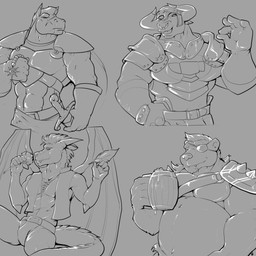 anthro armor athletic athletic_anthro athletic_male beer_mug belly big_belly big_muscles bottomwear clothing eye_patch eyewear facial_piercing flower fur group hair horn huge_muscles male male_anthro melee_weapon musclegut muscular muscular_anthro muscular_male nose_piercing nose_ring overweight overweight_anthro overweight_male pants piercing plant ring_piercing rose_(flower) shirt shirtless shirtless_anthro shirtless_male smelling_flower solo sword tail teeth tight_clothing topwear vest weapon wings pandottermon mythology bear bovid bovine cattle dragon equid equine furred_dragon furred_scalie horse mammal mythological_creature mythological_scalie scalie 1:1 hi_res monochrome