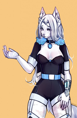 5_fingers anthro belt breasts clothed clothing collar collar_only eyebrows eyelashes female fingers fur hair horn inner_ear_fluff long_hair nude raised_arm simple_background solo suit tuft white_body white_eyes white_fur white_hair r10iwr felid feline mammal 2022 character_request hi_res watermark